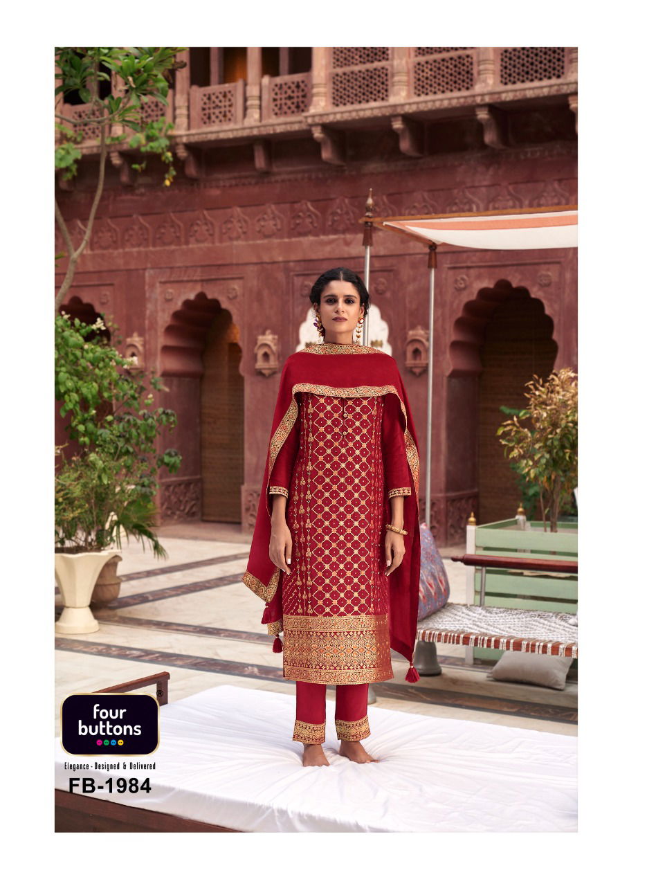 Four Buttons Banaras New Designer Exclusive Wear Ready Made Suit Collection